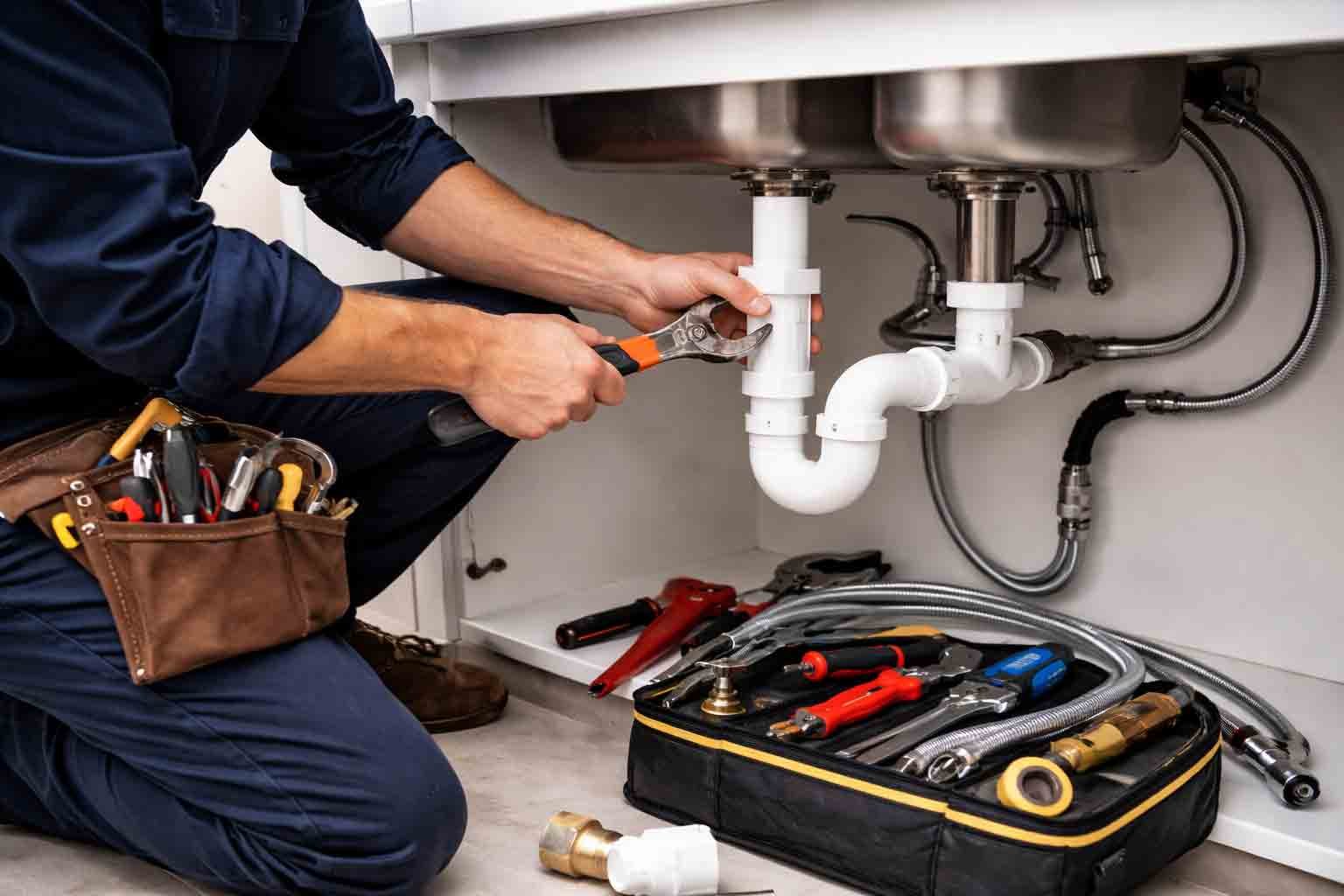 Professional plumber in Luton using an adjustable wrench to fix plastic drain pipes underneath a kitchen sink.
