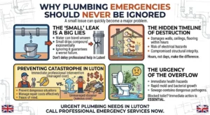 An educational infographic titled "Why Plumbing Emergencies Should Never Be Ignored" layout with four distinct quadrants. It uses illustrations and bullet points to explain how minor leaks turn into structural disasters, the hidden timeline of water destruction, a cost comparison of immediate repair versus unmanaged damage, and the hazards of a blocked toilet overflow.