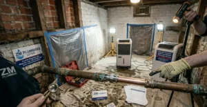 A first-person, wide-angle shot inside a gritty, brick-walled cellar showing a freshly completed plumbing repair on a main line. A section of heavily corroded copper pipe has been cut away and replaced with a clean, bright new copper segment, tightly joined by a shiny chrome compression fitting. To the left, a technician wearing a dark jacket with the "ZM PLUMBERS" logo holds a magnifying loupe, while on the right, another person wearing a heavy work glove points directly at the newly installed patch. In the background, professional drying equipment, including industrial dehumidifiers and floodlights, sits on a stained canvas drop cloth next to sealed "Drying Zone" sheets taped to the walls. In the foreground, paperwork, a business card, and an old-style landline phone displaying the number "07397 071028" lie on the floor.