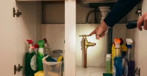 A detailed photograph looking inside a standard white under-sink kitchen cupboard. Cleaning bottles and sprays are pushed to the edges, revealing a brass mains water stopcock valve on a copper pipe at the back wall, exactly as described in the instructional text. A hand illuminates the stopcock with a small flashlight.