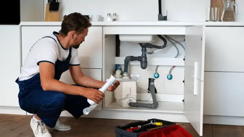 Professional plumber in Luton inspecting a kitchen sink macerator pump and drainage pipes during a repair service.