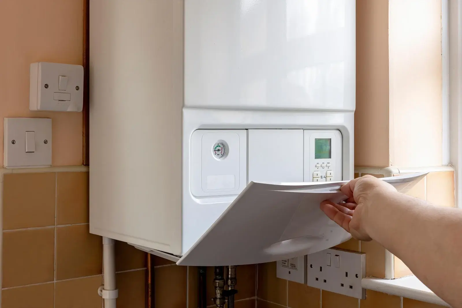 A homeowner opening the front panel of a modern wall-mounted combi boiler to check for error codes