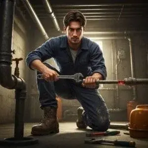 Professional plumber in Luton kneeling to make a precise pipe repair with a wrench in a dark, complex industrial basement.