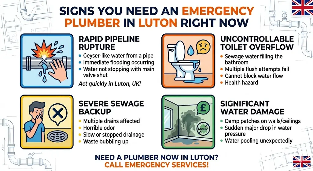 Signs You Need an Emergency Plumber in Luton Right Now" features four illustrated quadrants detailing plumbing emergencies: rapid pipeline rupture, uncontrollable toilet overflow, severe sewage backup, and significant water damage. Each section includes a cartoon icon, bulleted symptoms, and a UK flag in the corner.