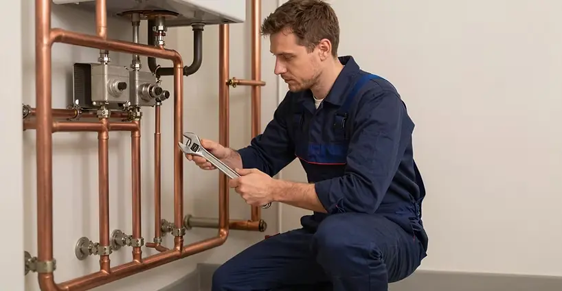 A professional plumbers in Bedfordshire wearing blue overalls uses a wrench to inspect and repair copper pipes connected to a home boiler system.