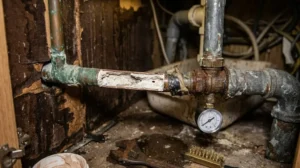 A complex, messy junction under a Luton kitchen sink showing mismatched lead, copper, and iron pipes with heavy corrosion.