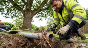 A drainage technician from Luton Drain Services in hi-vis gear removes mature tree roots that have blocked a plastic outdoor drain pipe in a Luton garden, using a reciprocating saw.