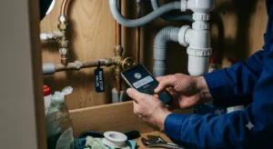 A homeowner using a smartphone to call an emergency plumber while crouching next to a main stop valve and pipework under a kitchen sink.