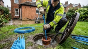 A local plumber in Watford clearing a blocked outdoor drain with professional blue rods, illustrating the issues we see most often with residential drainage systems.