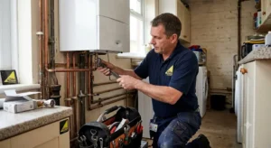 A Gas Safe registered engineer servicing a modern combi boiler in a Dunstable home, showcasing a professional local plumber in Dunstable providing routine maintenance and heating services.