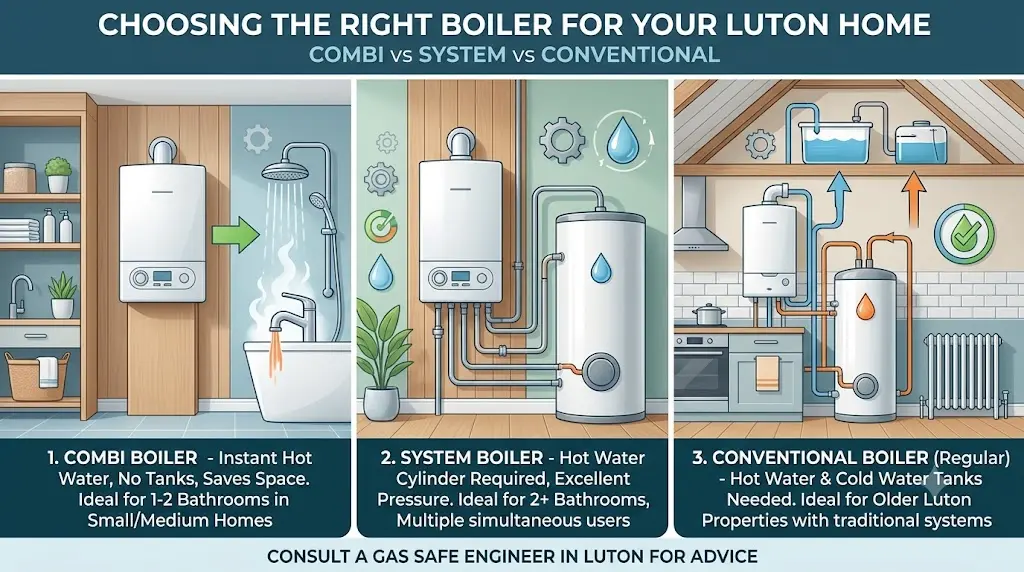 Infographic comparison of Combi vs System vs Conventional Boiler setups to show which suits Luton homes best based on household size and tanks.