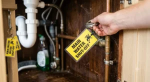 A person's hand turning a brass main water shut-off valve under a sink. The valve is clearly labeled with a large yellow 'MAIN WATER SHUT-OFF' tag for preparation, and two spare tags are hanging nearby, showing how to prepare before an emergency happens