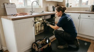 A plumber in Dunstable working on kitchen sink plumbing and completing a job quote.