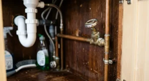 A realistic brass internal stopcock valve attached to copper pipes inside a kitchen cupboard under the sink, showing how to shut off your water supply in an emergency step-by-step.