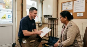 A professional heating engineer in a branded polo shirt kneeling and explaining a written quote on a clipboard to a customer inside a home, with a boiler, toolbox, and a notice board featuring customer reviews and a workmanship guarantee visible in the background.