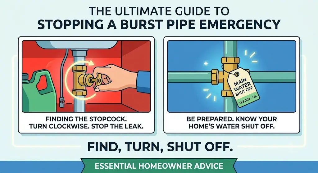 Illustrated infographic showing a step-by-step guide on how to shut off your water supply in an emergency by turning the internal stopcock valve clockwise.