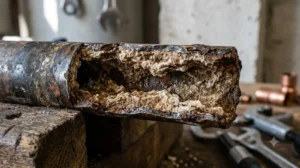A cross-section of a heavily corroded metal pipe clogged with thick mineral scale, showing why Luton's hard water is damaging your pipes and appliances.