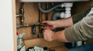 A homeowner turning a brass stopcock valve clockwise under a kitchen sink to shut off the main water supply during a plumbing emergency.