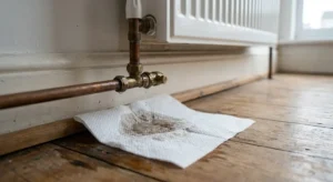 A slow water leak dripping from a metal radiator pipe joint onto a damp piece of kitchen roll on a wooden floor, illustrating why a boiler is losing pressure.