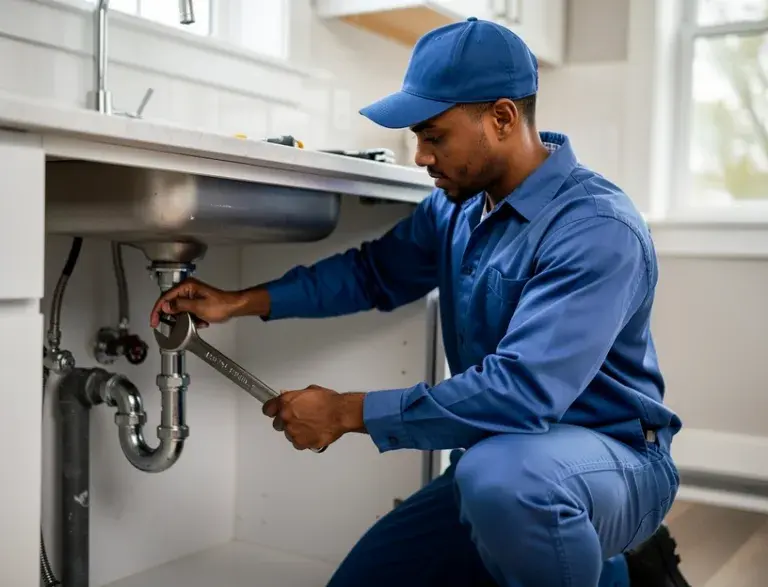 Professional plumber in St Neots using a wrench to fix pipe fittings under a modern kitchen sink.