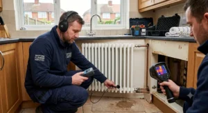 Two professional plumbing engineers using thermal imaging and acoustic listening devices to detect a leak near a radiator in a kitchen, representing common callouts for a plumber in Watford. What we see most often includes hidden pipe leaks.