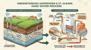 Diagram showing hard water absorbing minerals in underground chalk aquifers and causing limescale damage to pipes and boilers in Harpenden and St. Albans homes.