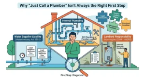 An infographic diagram showing the three frameworks of water pressure issues: Water Industry Act 1991 supplier liability, Housing Act 2004 landlord obligations, and internal home pipework diagnosis.