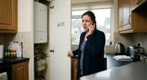 Concerned Luton homeowner on phone call next to open boiler cupboard smelling suspected gas leak
