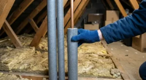 A trade worker installing foam pipe insulation lagging onto copper pipes in a loft space to protect pipes from freezing in Luton during winter.