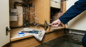 An emergency plumber fixing a severe burst copper pipe leak under a kitchen sink in a St Albans home.