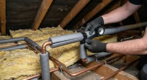 A plumber applying foam pipe insulation and securing the joints with tape to exposed copper pipes in an attic space.