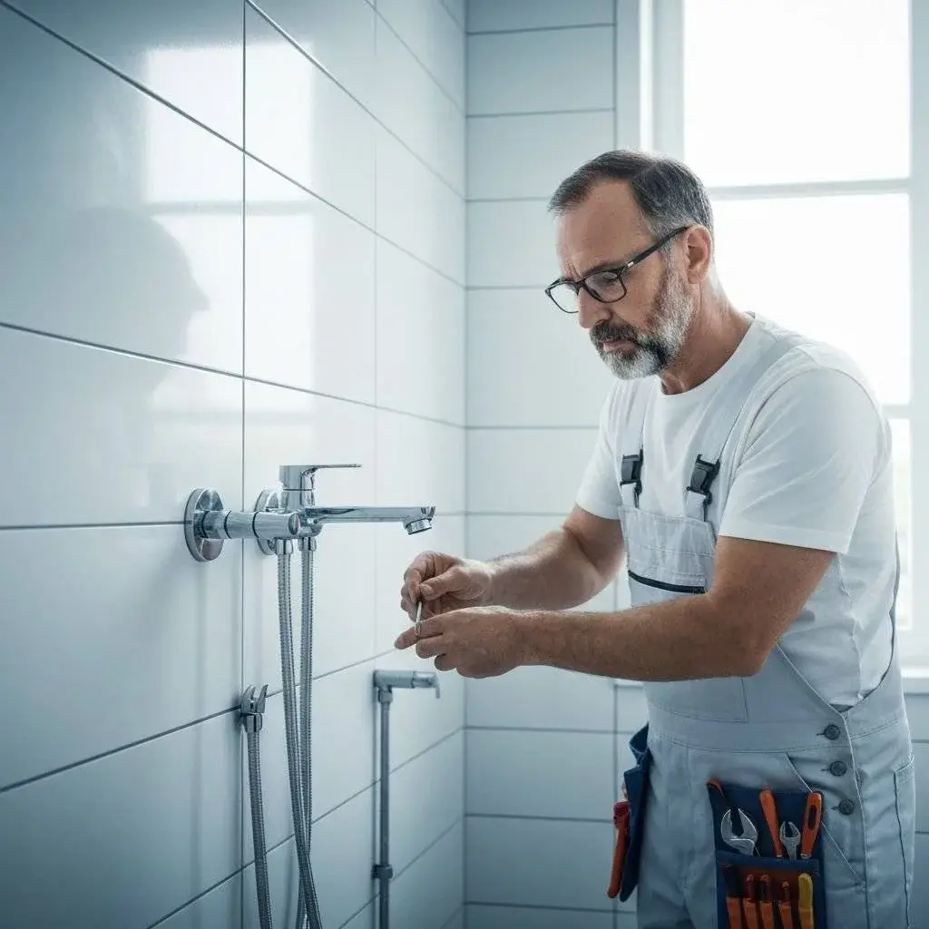 Professional plumber installing a modern wall-mounted chrome mixer tap in a tiled bathroom in Luton.