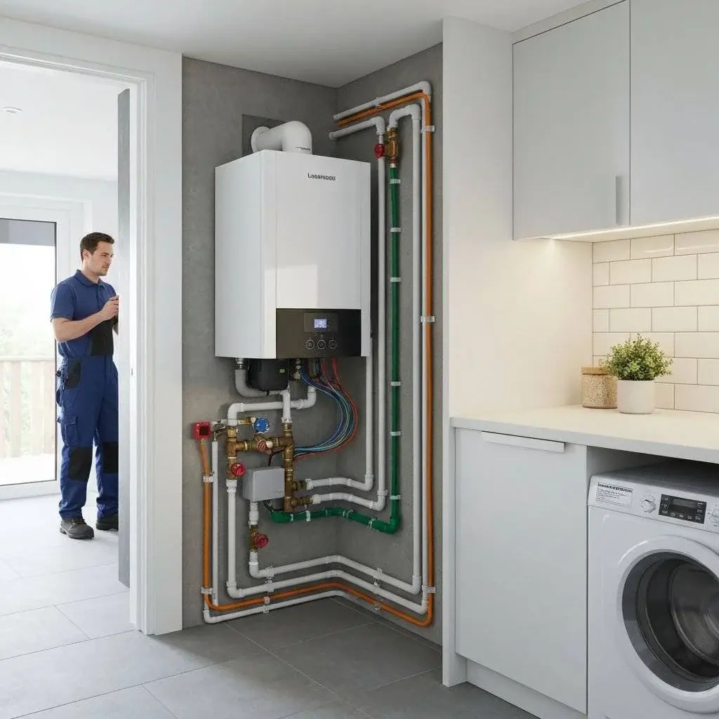 Professional heating engineer standing next to a modern wall-mounted boiler with clean pipework installation in a utility room