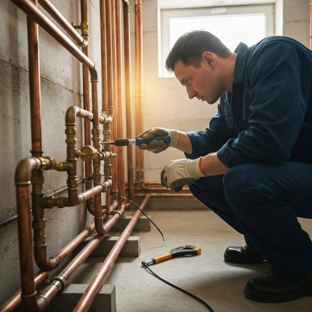 Professional plumber inspecting copper pipe fittings during routine plumbing maintenance in Luton