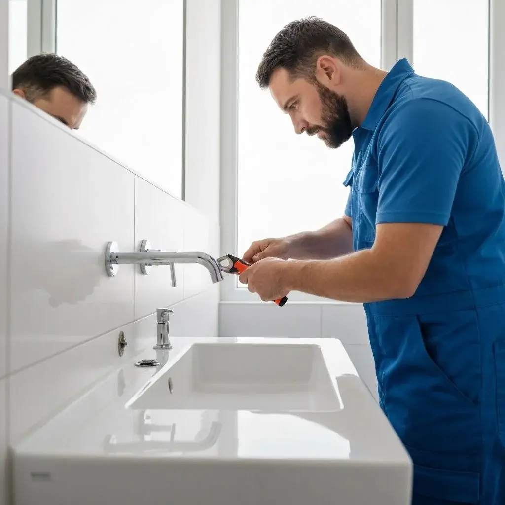Plumber installing new bathroom sink and taps in Luton