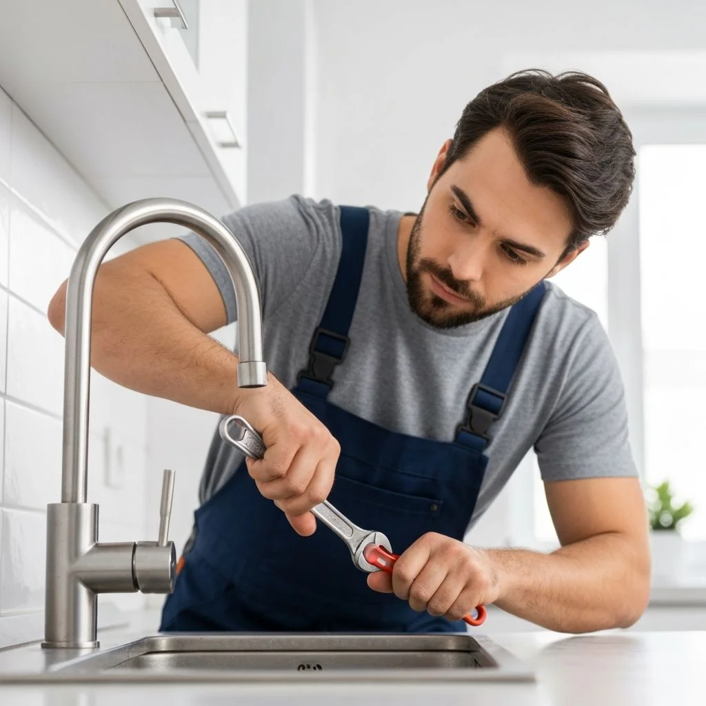 Plumber using a wrench to repair a leaking tap during a plumbing repair job in Luton