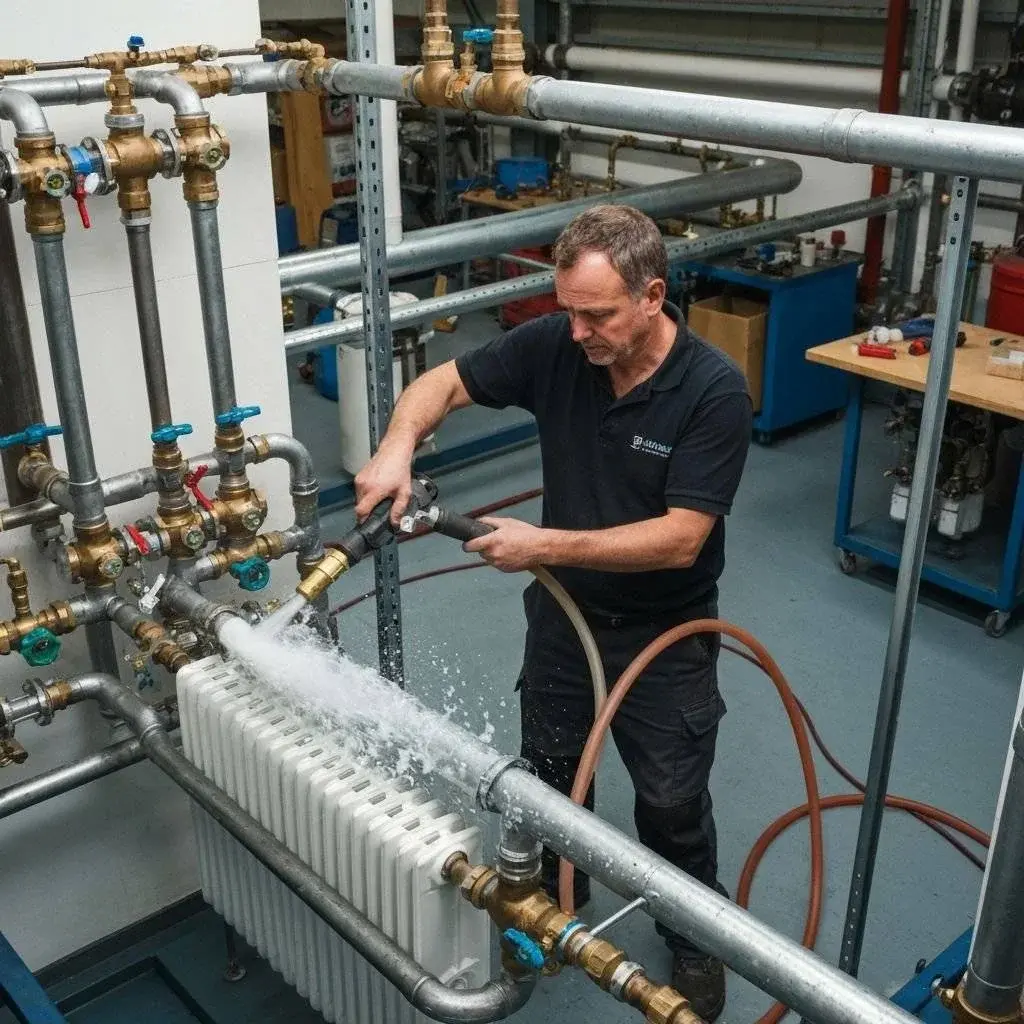 Heating engineer power washing a white radiator connected to pipework to remove sludge and debris