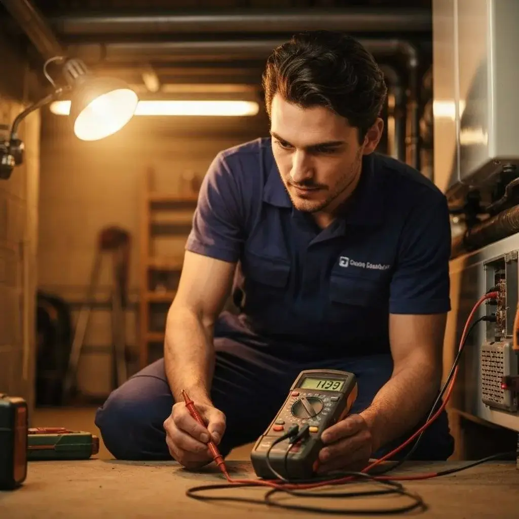 Qualified technician using a digital multimeter to test electrical connections and diagnose heating system faults
