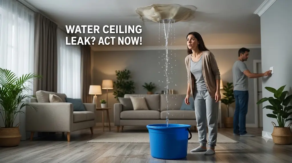 A worried woman looking at water streaming from a bulging living room ceiling into a blue bucket, while a man turns off the electricity switch in the background.