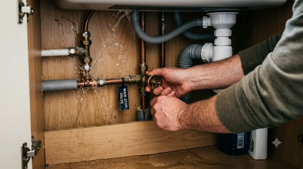 Close-up of hands firmly turning the main brass stopcock valve clockwise under a kitchen sink to shut off water during a burst pipe emergency.