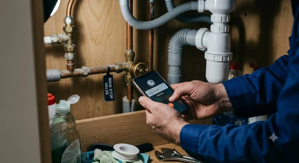 A homeowner using a smartphone to call an emergency plumber while crouching next to a main stop valve and pipework under a kitchen sink.