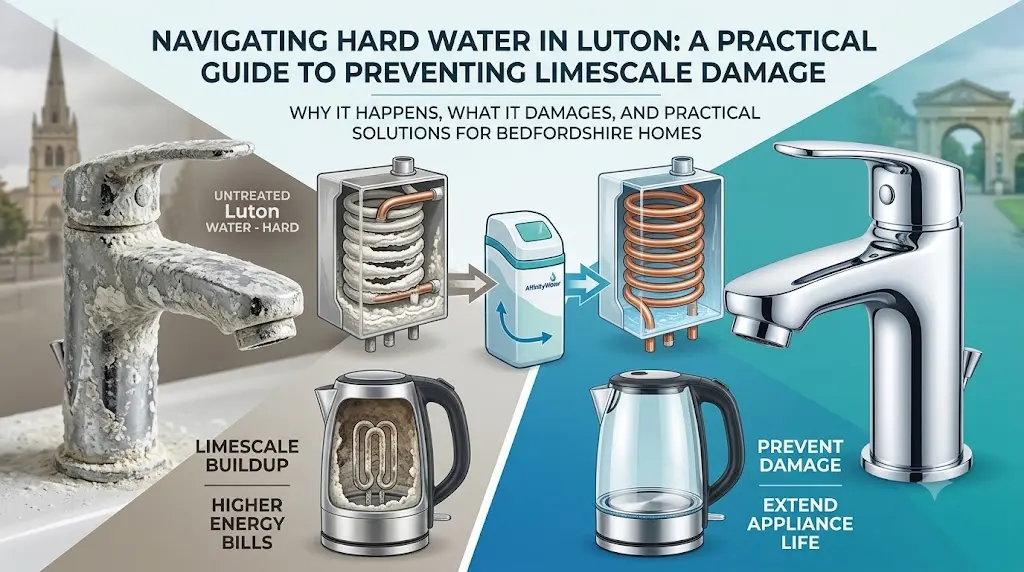 A side-by-side comparison showing a limescale-encrusted tap, kettle, and heating element versus clean, shiny appliances protected by a water softener in Luton, illustrating how to prevent limescale damage in hard water areas.