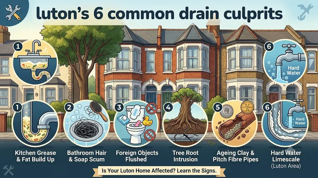 Infographic illustrating the 6 common causes of blocked drains in Luton homes including grease, tree roots, and limescale.