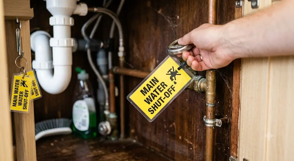 A person's hand turning a brass main water shut-off valve under a sink. The valve is clearly labeled with a large yellow 'MAIN WATER SHUT-OFF' tag for preparation, and two spare tags are hanging nearby, showing how to prepare before an emergency happens