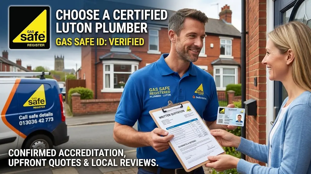 Professional Gas Safe registered plumber in Luton presenting an upfront written quote and displaying his Gas Safe ID card to a local homeowner.