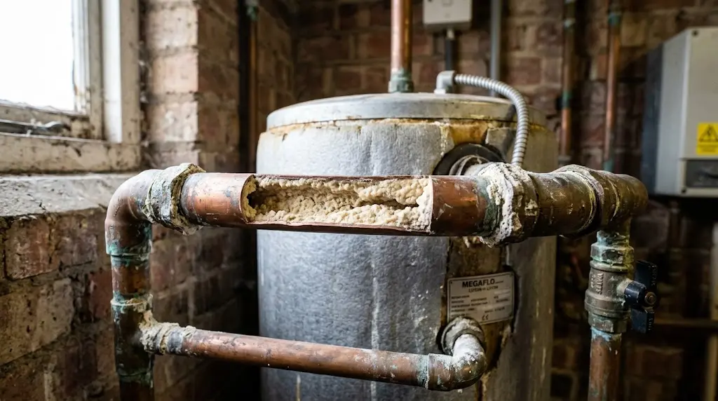 Severe limescale mineral buildup inside a corroded copper water pipe connected to a boiler, illustrating why Luton's hard water is damaging your pipes and appliances.