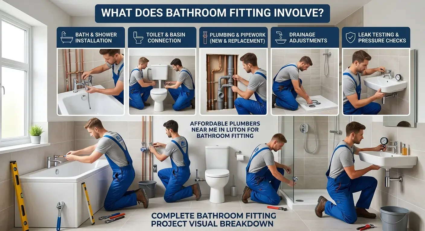Professional plumber in Luton installing bath, toilet, pipework, and shower fixtures as part of an affordable complete bathroom fitting project.