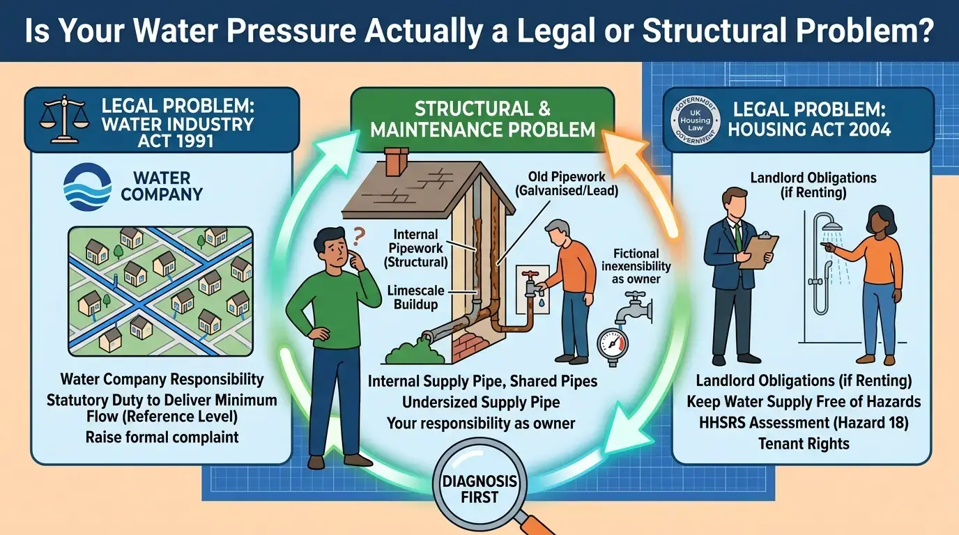 Diagnostic flowchart comparing three root causes of low water pressure: Water Industry Act 1991 supplier duties, Housing Act 2004 landlord obligations, and internal home pipework defects.