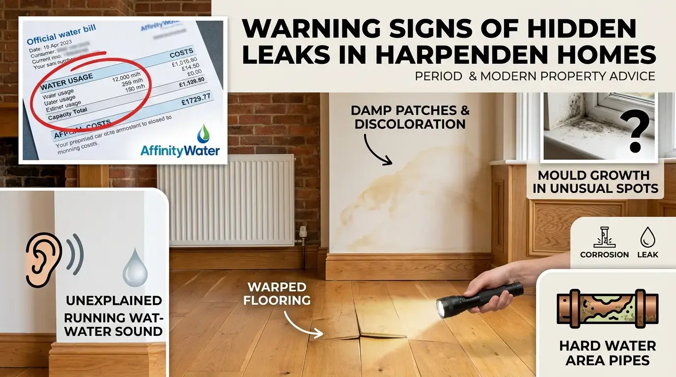 An informational collage illustrating hidden water leak warning signs in Harpenden homes. A hand holds a flashlight over warped wooden floorboards while arrows point to a prominent water stain on a wall, mold on a windowsill, a high Affinity Water bill, a stylized ear for running water sounds, and a corroded copper pipe with a "Hard Water Area Pipes" label.