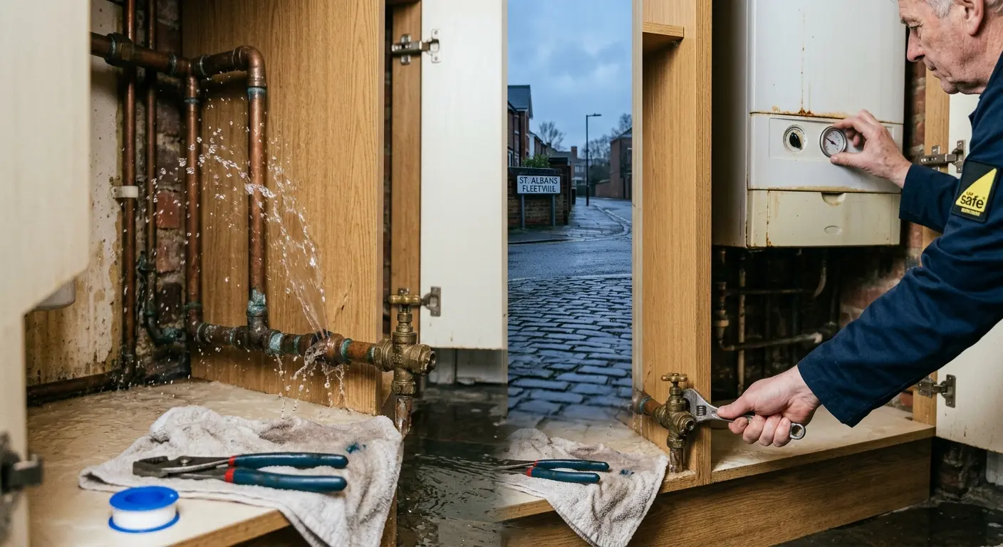 A 24/7 emergency plumber in St Albans repairing a dramatic burst pipe water leak and servicing a boiler in a local home.